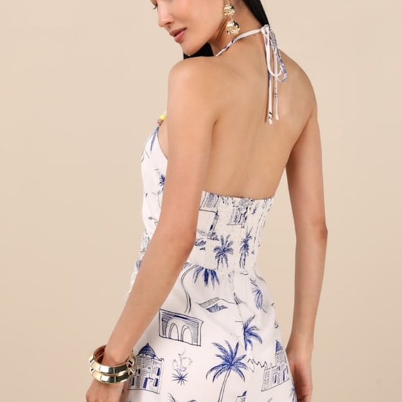 Lulus Dresses & Skirts - Lulus Inina Ivory And Blue Print Asymmetrical Halter Mini Dress White - Size M